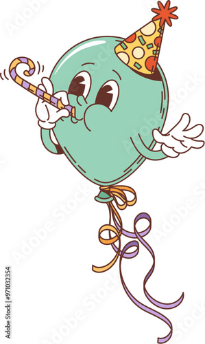 Retro groovy holiday air balloon character. Isolated cartoon vector cute balloon personage with smiling face, hat and blower, decorated with colorful ribbons, exuding festive mood during celebration