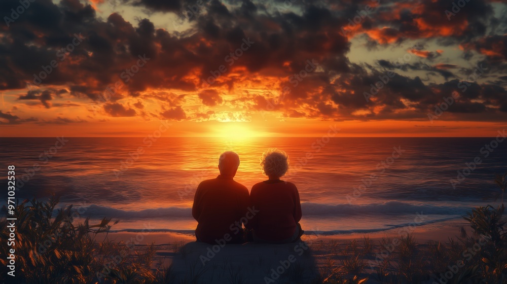 Elderly couple enjoying serene sunset at the beach for a tranquil evening moment Elderly couple enjoying serene sunset at the beach for a tranquil evening moment