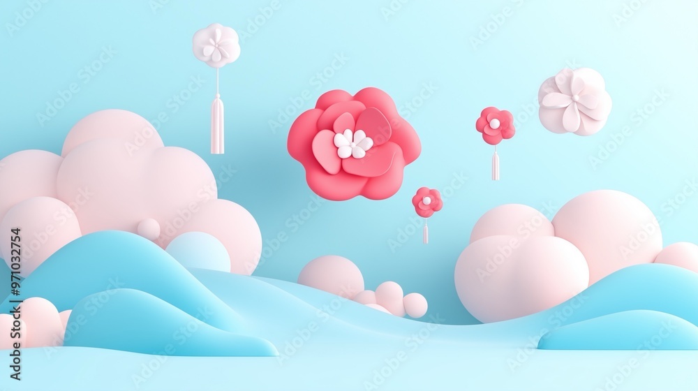 Obraz premium Floating Floral Blooms in a Dreamy Sky