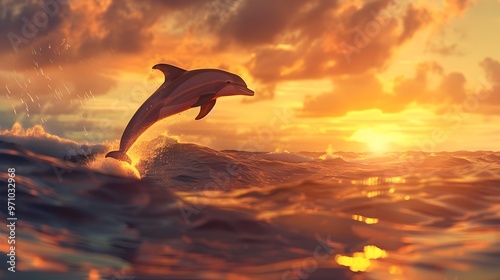 A Graceful Dolphin Leaping Above the Glowing Sunset Waves in Cinematic Digital Art
