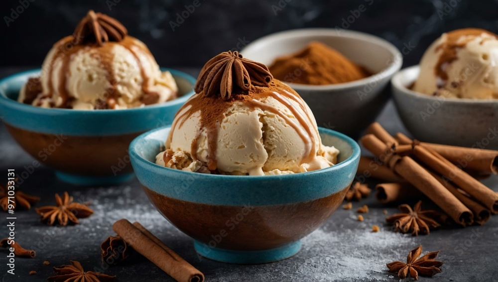 Bowls of ice cream with cinnamon for autumn desserts. Bowls of ice cream with cinnamon for autumn desserts.