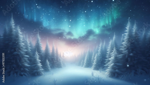 Winter landscape featuring a dense forest of snow covered pine trees under a night sky with stars
