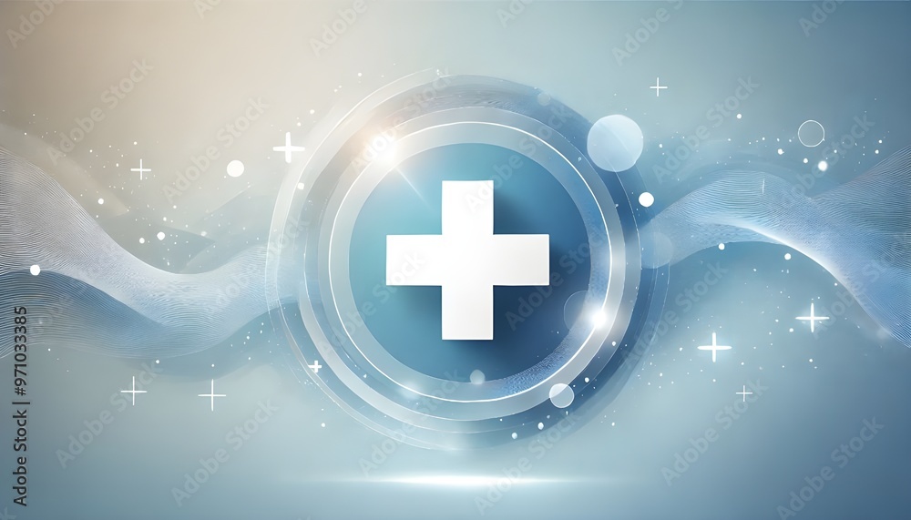 Fototapeta premium A clean, modern healthcare-themed design featuring white medical cross symbols and abstract waves, representing technology and wellness in a digital health environment. Ai