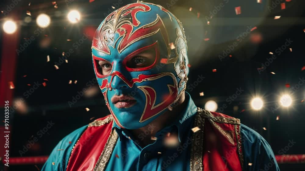 An adult Mexican wrestler in a detailed mask and wrestling costume stands in an aggressive stance inside the ring.