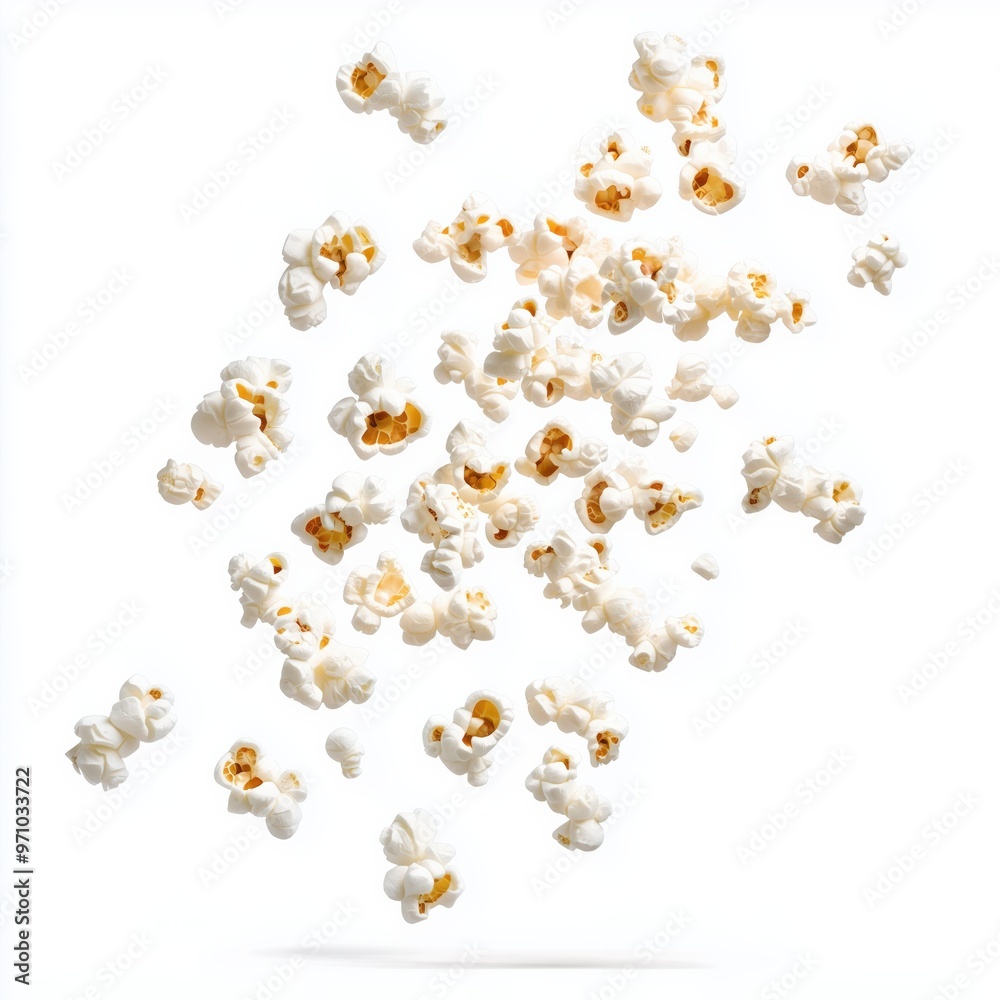 Flying delicious popcorn kernels isolated on white background for advertising and design Flying delicious popcorn kernels isolated on white background for advertising and design
