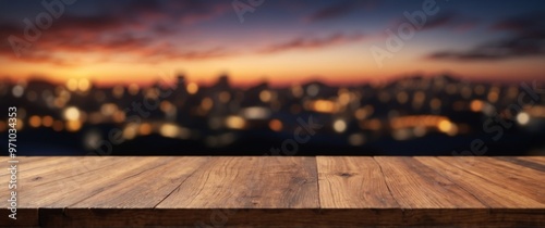 wood table top counter with evening landscape background. photo