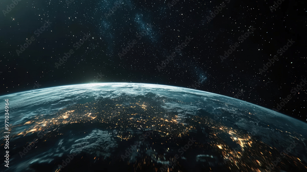 Obraz premium A stunning nighttime view of Earth from orbit, showcasing illuminated cities and vastness of space. planets curvature and twinkling lights create breathtaking scene