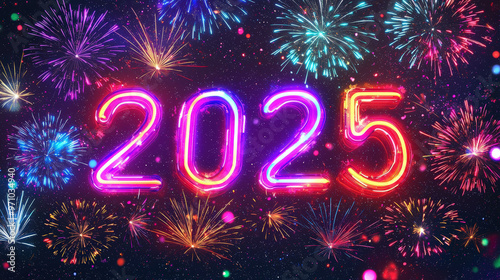 Bright neon sign reading 2025 surrounded by colorful fireworks, creating festive and celebratory atmosphere. Perfect for New Year celebrations and events