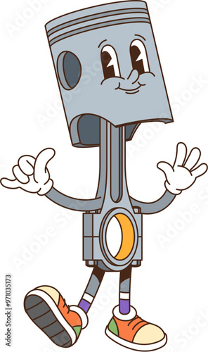 Retro groovy car piston character with expressive eyes and a wide smile, complete with colorful sneakers and vintage funky vibe. Isolated cartoon vector friendly automotive vehicle part personage