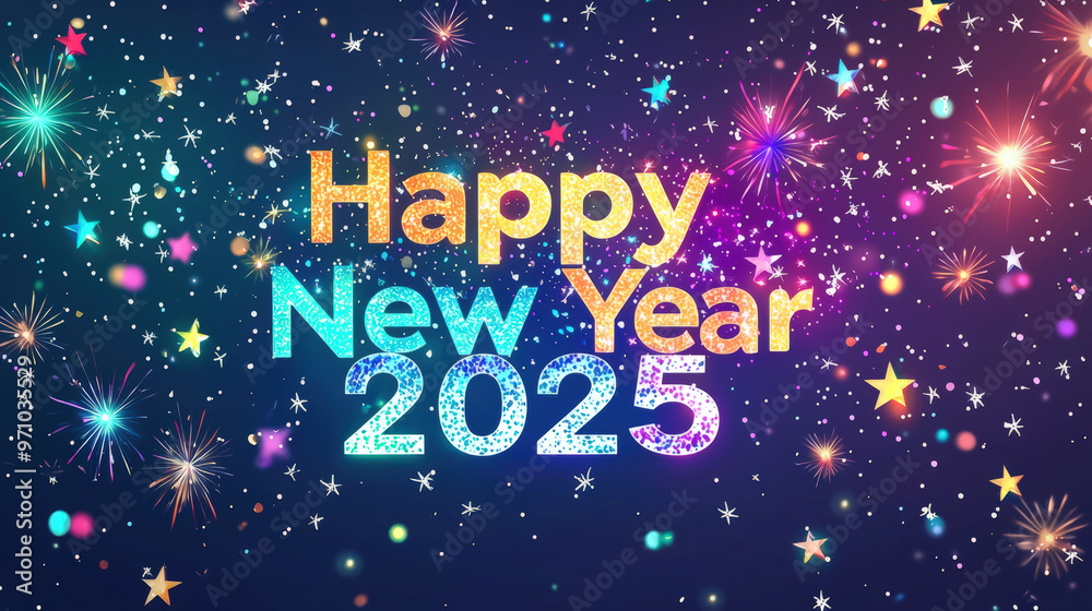 Fototapeta premium Happy New Year 2025 is celebrated with vibrant colors and festive fireworks, creating joyful atmosphere filled with excitement and hope for upcoming year