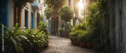 A Narrow Alleyway in a Lush Tropical City. photo