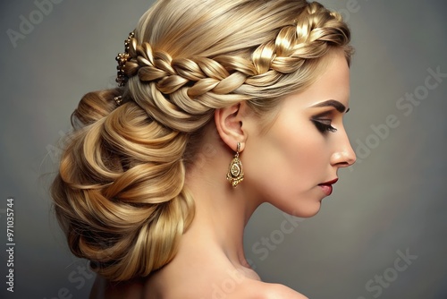 Delicate fingers weave strands of golden hair into an intricate French braid, adorned with subtle wisps framing a serene, elegant female profile. photo