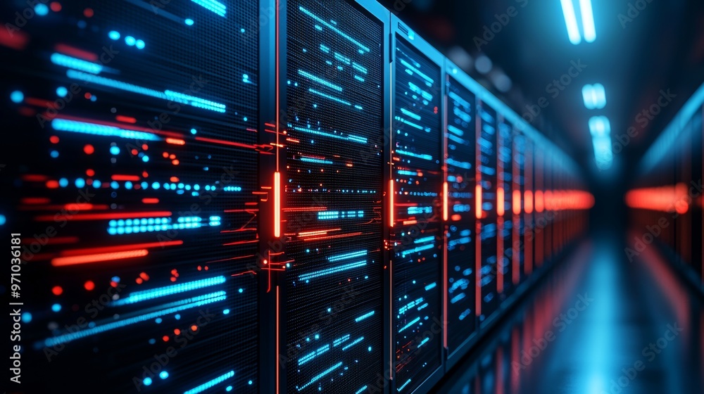 Futuristic High Tech Data Center Hallway with Sleek Digital Infrastructure and Cutting Edge Technology Futuristic High Tech Data Center Hallway with Sleek Digital Infrastructure and Cutting Edge Technology