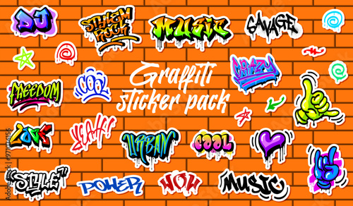 Graffiti urban street art stickers pack. Vector vibrant words like music, style, savage, love and cool. Wow, music, yeah, power or freedom along with urban street art symbols displayed on a brick wall