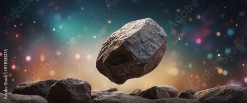 A large rock is flying through space with a few smaller rocks in the background. photo