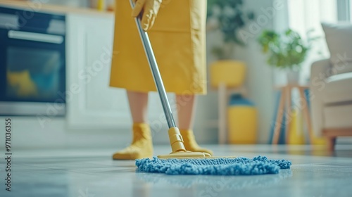 Wallpaper Mural A person in yellow cleaning a modern kitchen floor with a blue mop during daytime, showcasing effective home maintenance Torontodigital.ca