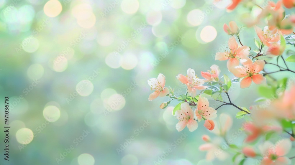 Soft pastel spring scene with abstract light bokeh effect in the background creating a dreamy blur of vibrant blossoms and greenery Soft pastel spring scene with abstract light bokeh effect in the background creating a dreamy blur of vibrant blossoms and greenery
