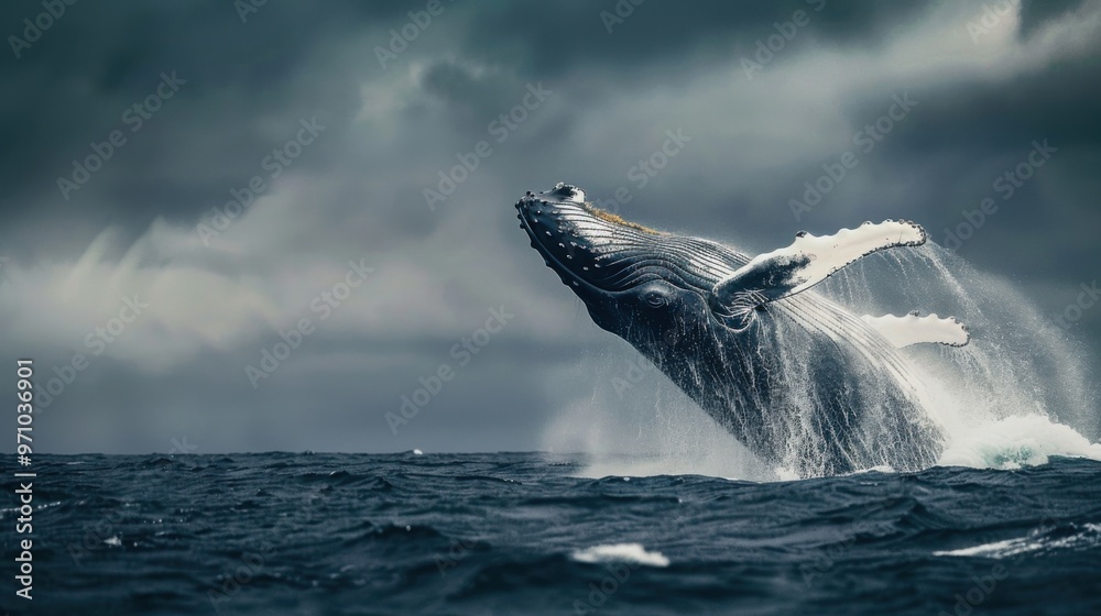 Fototapeta premium Majestic Humpback Whale Breaching the Waves with Dramatic Water Spray in the Ocean