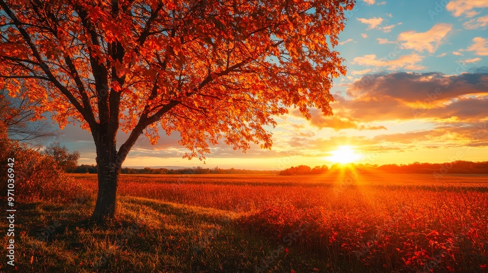 Stunning autumn sunset over a serene countryside field with a vibrant red maple tree. Stunning autumn sunset over a serene countryside field with a vibrant red maple tree.