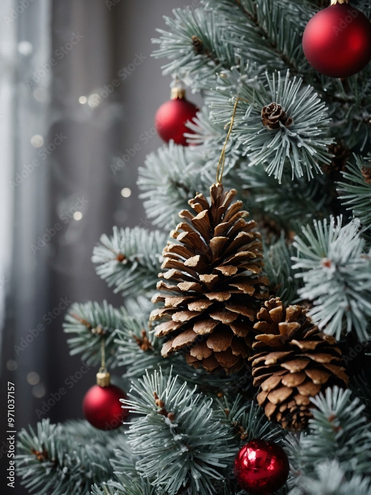 Christmas tree corner with frosted pinecones and ornaments.