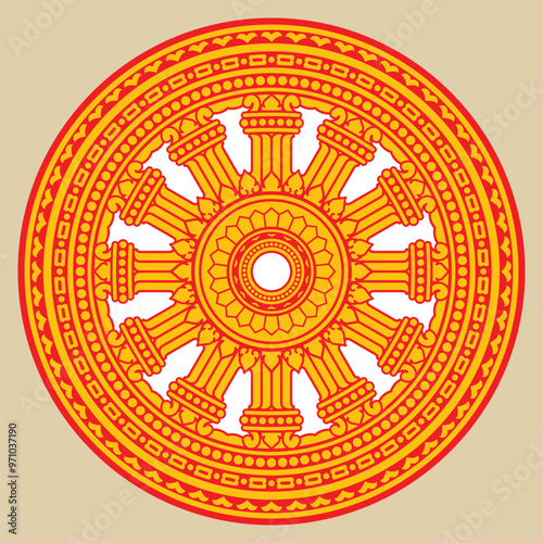 Buddhism dham jak orange circle vector. Geometric circle logo, vector line art zen pattern. Geometric linear ornament