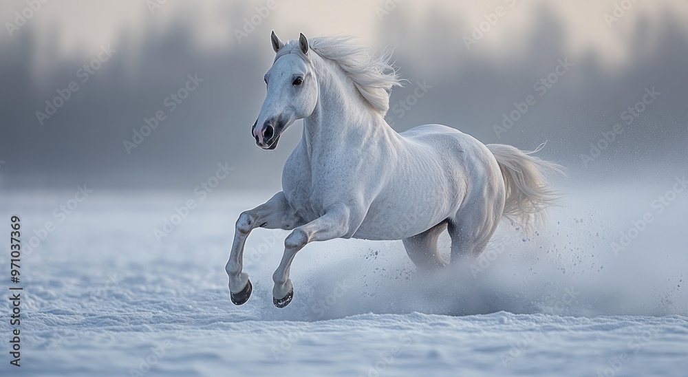 White Horse Galloping Through Snowy Field