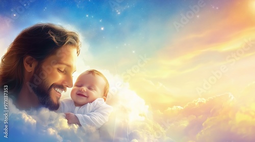 Heavenly serenity: smiling jesus with baby in the sky - faith and spirituality concept photo