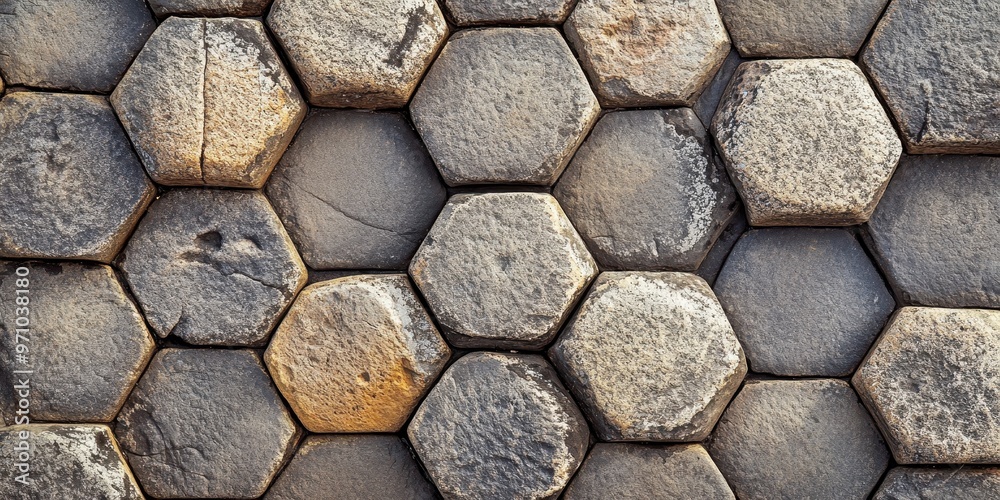 A close-up view of hexagonal stone tiles showcasing a rough, textured surface in natural earth tones. A close-up view of hexagonal stone tiles showcasing a rough, textured surface in natural earth tones.