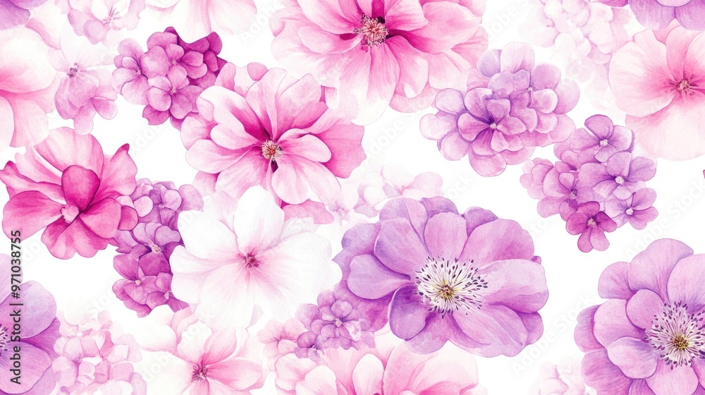 Seamless pattern of blooming spring flowers on a white background Watercolor illustration of pink and lilac hand drawn flowers suitable for fashion wallpaper fabric textile packaging paper and pri Seamless pattern of blooming spring flowers on a white background Watercolor illustration of pink and lilac hand drawn flowers suitable for fashion wallpaper fabric textile packaging paper and pri