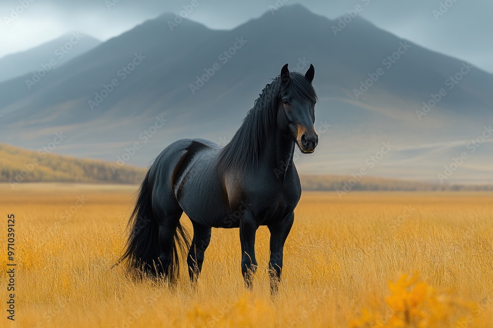 Black Horse in a Field with Mountains in the Background Black Horse in a Field with Mountains in the Background