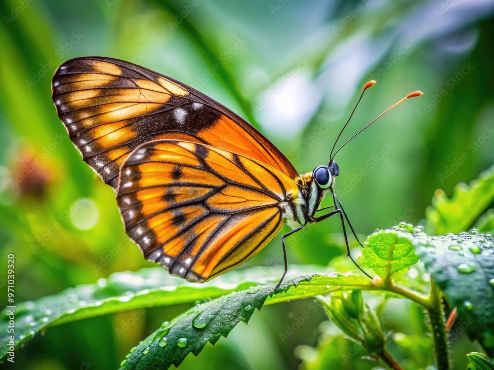 Delicate orange-black wings unfolding from a leafy green stem, a newly emerged butterfly stretches its proboscis, drinking in sweet morning dew-kissed nectar. Delicate orange-black wings unfolding from a leafy green stem, a newly emerged butterfly stretches its proboscis, drinking in sweet morning dew-kissed nectar.