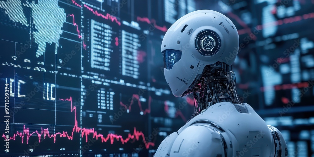 A futuristic robot analyzing data on a digital interface, showcasing advanced technology and artificial intelligence concepts. A futuristic robot analyzing data on a digital interface, showcasing advanced technology and artificial intelligence concepts.