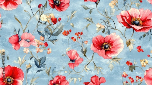 Fototapeta Naklejka Na Ścianę i Meble -  Trendy print featuring an exquisite vintage style floral pattern on a blue background Seamless watercolor design with flowers ideal for decoration and design purposes