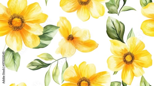 Vibrant watercolor pattern featuring large yellow flowers and leaves of a healing plant set against a white background Seamless spring design with a bold print