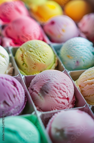 Close-up of various colorful ice cream scoops in a container.