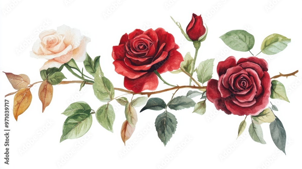 Fototapeta premium Botanical watercolor illustration of red and burgundy roses paired with green leaves and branches isolated on a clean white background