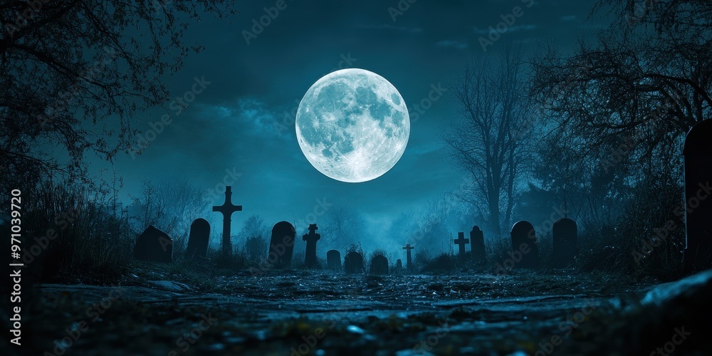 A haunting graveyard illuminated by a bright full moon, casting eerie shadows on tombstones under a dark, cloudy sky.