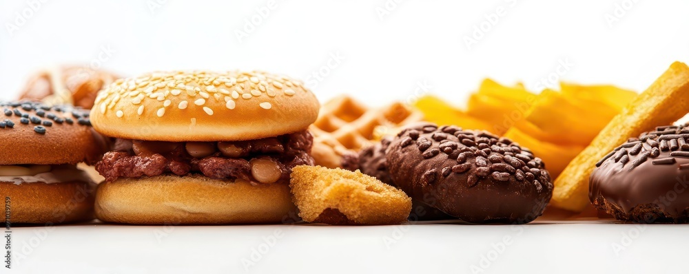 Delicious assortment of fast food items including burgers, fries, and pastries arranged on a clean white background. Delicious assortment of fast food items including burgers, fries, and pastries arranged on a clean white background.