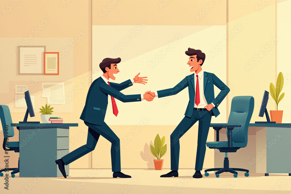 Fototapeta premium a cartoon of two men shaking hands in a room with a man shaking hands.