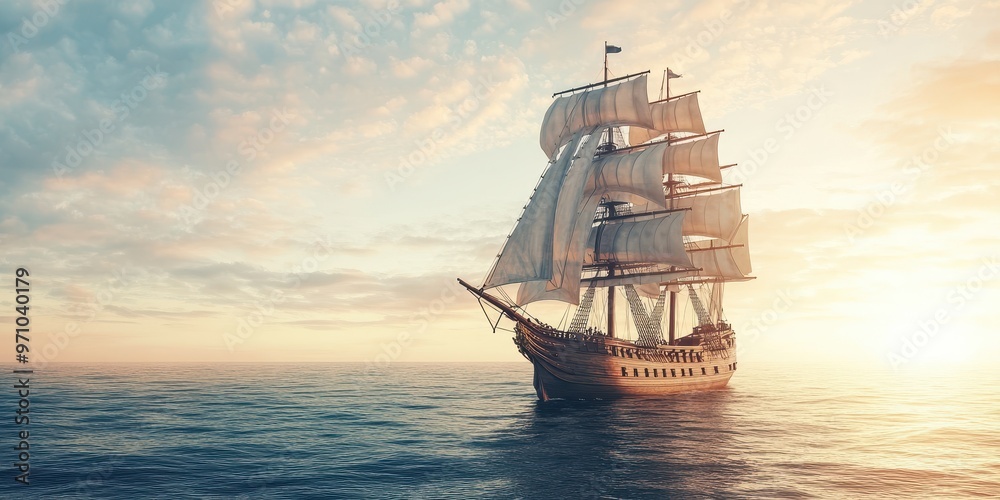 A majestic sailing ship gliding through tranquil waters during a stunning sunset, showcasing the beauty of nautical adventures.