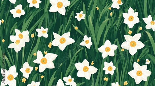 Seamless summer pattern featuring white narcissus among grass creating a vibrant flower glade background Suitable for printing on packaging wrapping paper fabric children s textiles and more photo