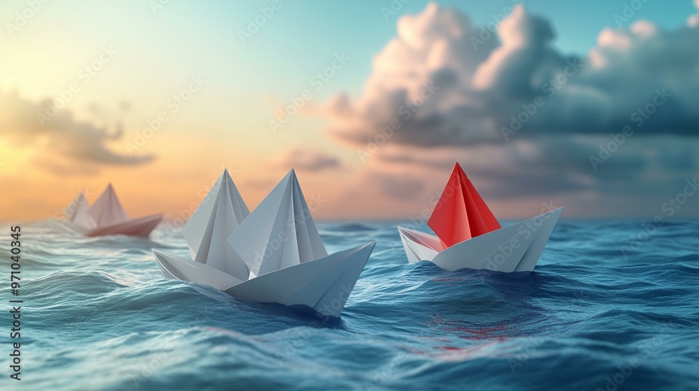 a Group of white paper ships sailing in one direction with a single red paper ship heading in a different direction, symbolizing innovative solutions. a Group of white paper ships sailing in one direction with a single red paper ship heading in a different direction, symbolizing innovative solutions.