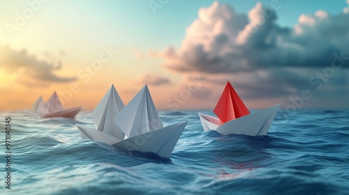 a Group of white paper ships sailing in one direction with a single red paper ship heading in a different direction, symbolizing innovative solutions.