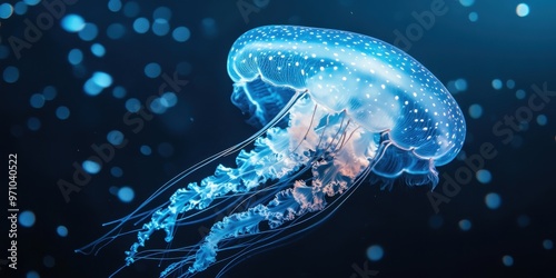 A mesmerizing jellyfish drifting gracefully in an ocean of blue hues, showcasing its ethereal beauty and fluid movements.