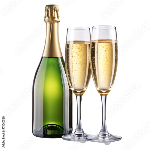 A bottle of champagne with two glasses