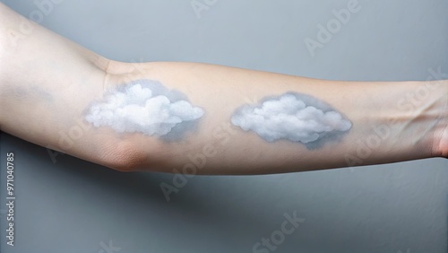 Delicate, subtle cloud design on a fair-skinned arm, inked in soft gray tones, with gentle wisps and subtle shading, evoking serenity and ethereal charm.