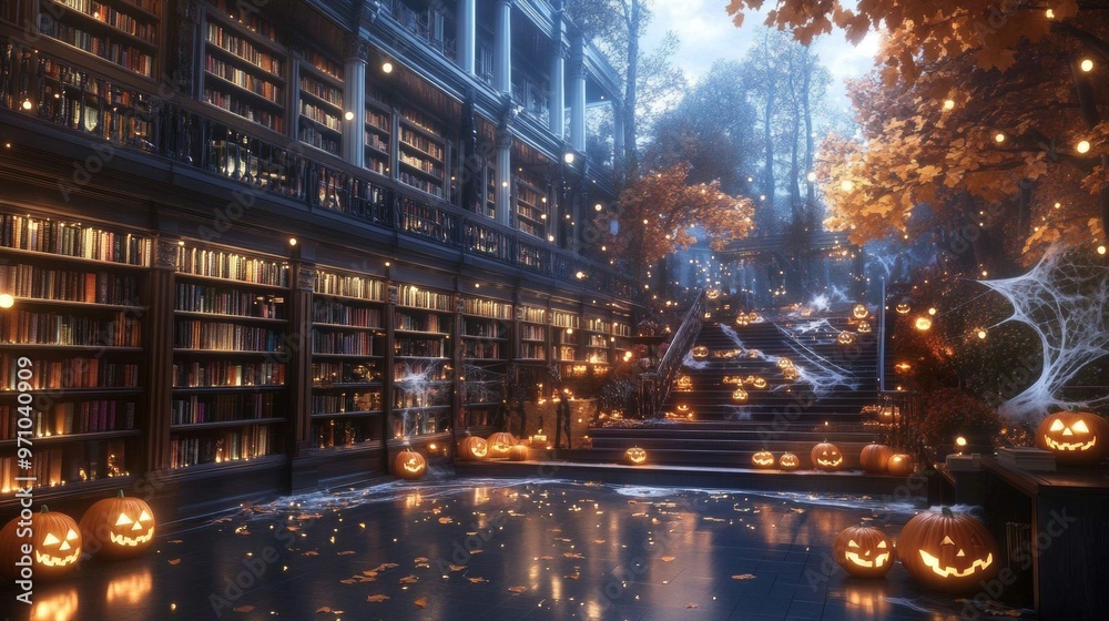 Fototapeta premium Halloween-themed library glowing with eerie lights cobwebs covering the bookshelves