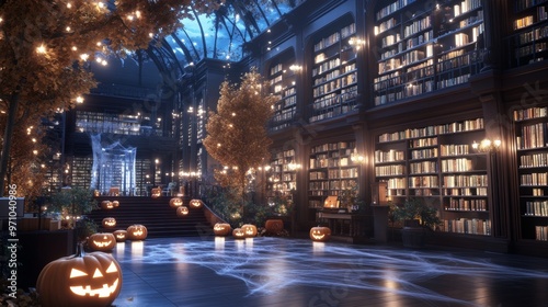 Halloween-themed library glowing with eerie lights cobwebs covering the bookshelves