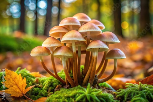 Delicate, translucent oysterling mushrooms with soft, velvety caps and tender stems grow in clusters on a moss-covered forest floor, surrounded by fallen leaves. photo