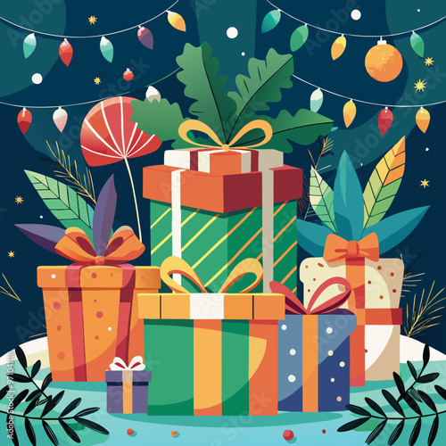 holiday-themed background with large wrapped gift boxes and ribbons for Boxing Day